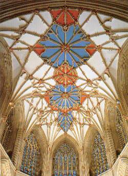 The choir vault, 14th century stellar vault painted and guilded and later decorated with Yorkist badges of the sun in splendour