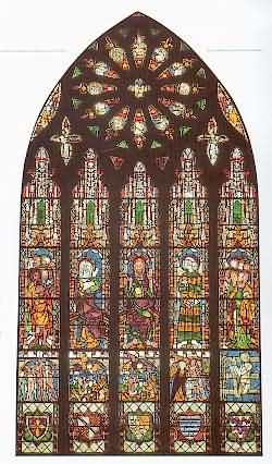 The east window. At the head, the coronation of the Virgin Mary.